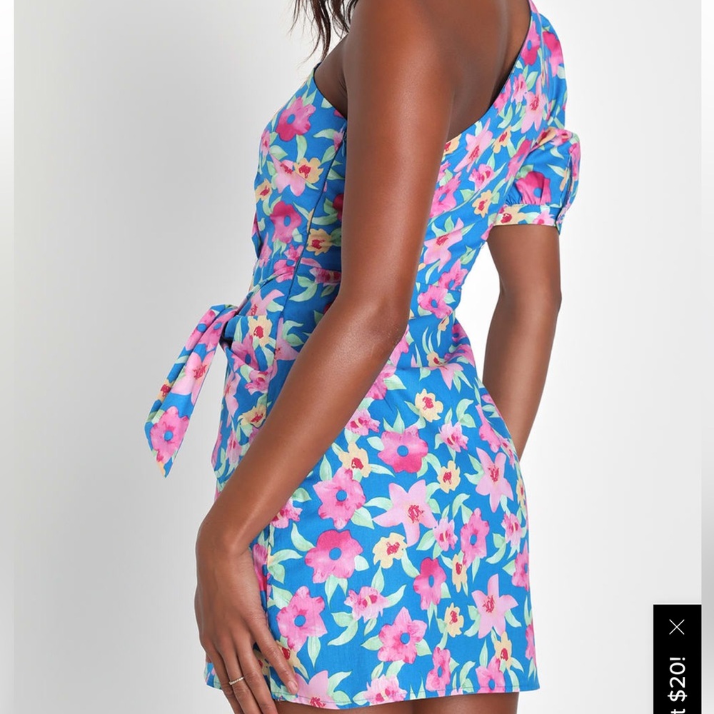 LULUS Thoroughly Sweet Blue Floral Print One-Shoulder Mini Dress Pink Blue Sz M - Picture 7 of 13